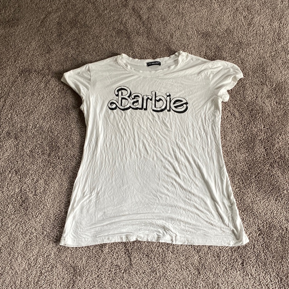 FV Relay Barbie Graphic Tee White Short Sleeve Casual Y2K Logo Shirt SIZE L